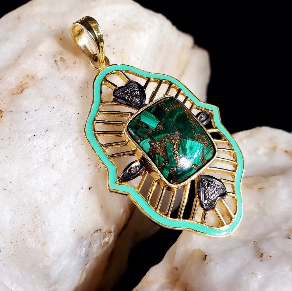 Sterling Silver 925/18kt Gold Genuine Malachite/Diamond Gemstone - Picture 3 of 13